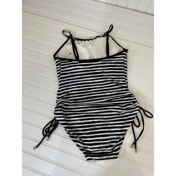 NWOT Michael Kors One Piece Bathing Suit Black & White Stripe Drawstring Side S - Picture 4 of 7